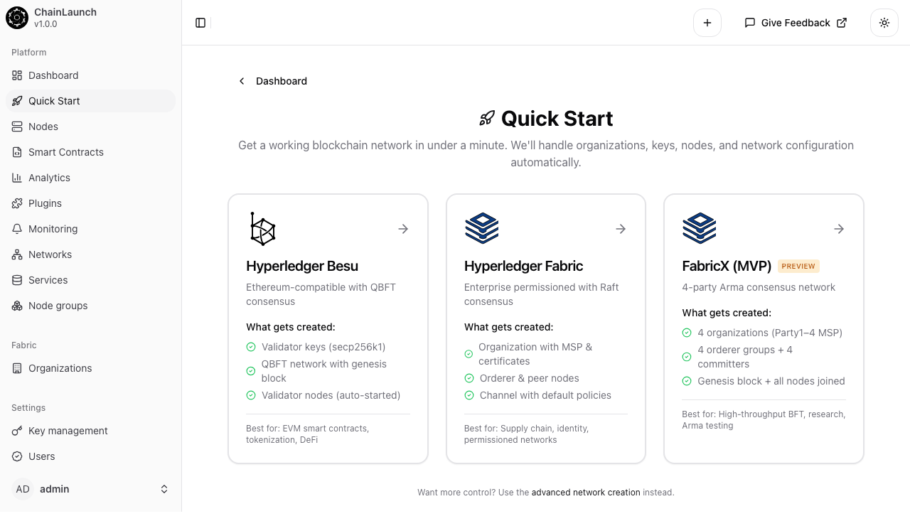 chaindeploy Quick Start dashboard with three platform cards: Hyperledger Besu, Hyperledger Fabric, and FabricX (MVP) PREVIEW showing a 4-party Arma consensus network