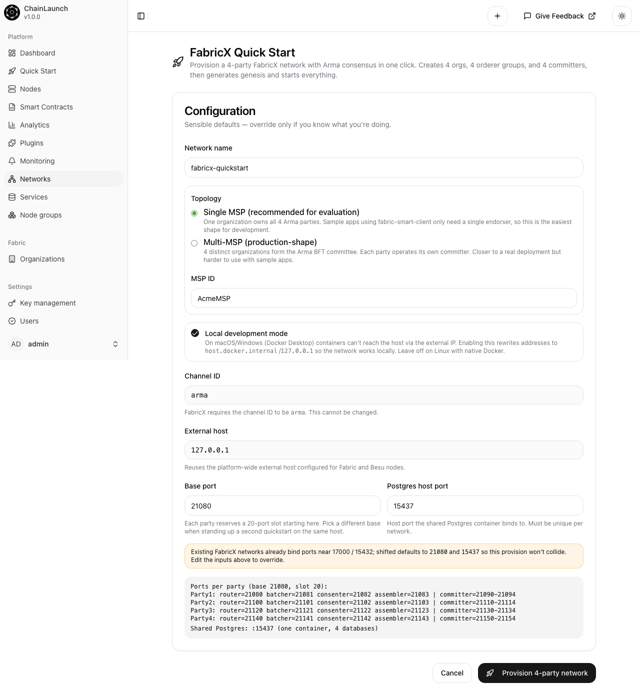 FabricX Quick Start configuration form showing network name, MSP topology selector with Single MSP and Multi-MSP options, MSP ID field, Local development mode checkbox, and base port settings