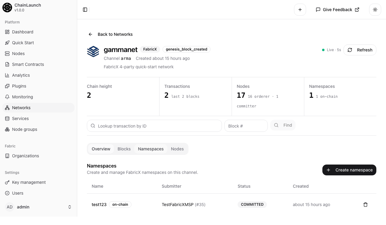 FabricX network Namespaces tab showing the namespace list with one existing namespace test123 in COMMITTED state, submitter TestFabricXMSP, and a Create namespace button in the top right