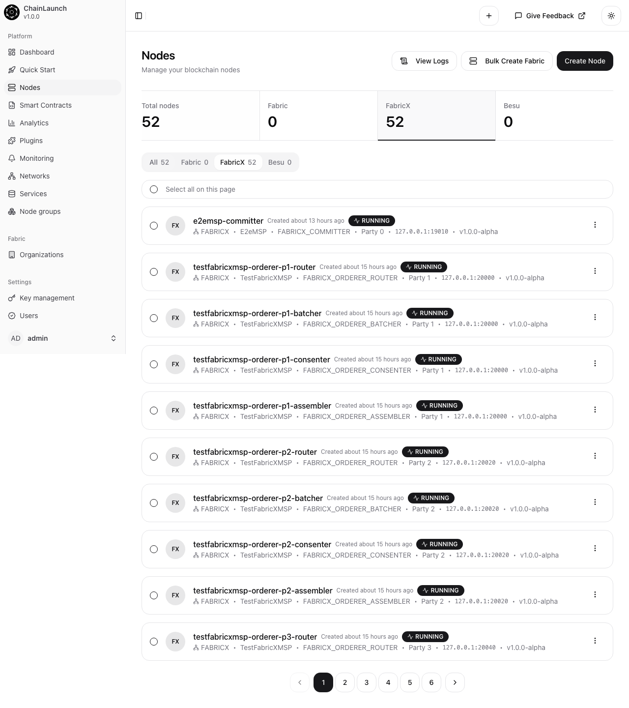 chaindeploy Nodes list filtered to FabricX showing 52 running FabricX nodes including orderer routers, batchers, consenters, assemblers, and committers across multiple test networks