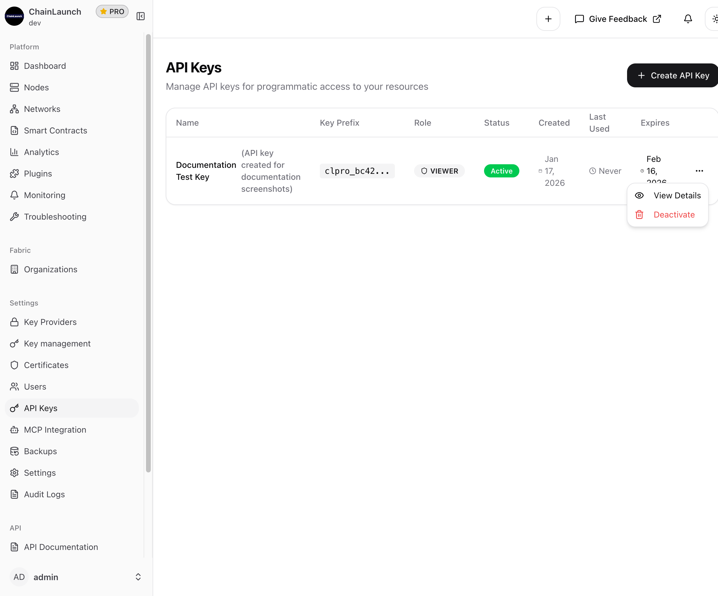 API Key Actions Menu